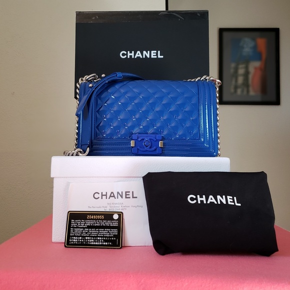 chanel Handbags - Chanel boy medium blue patent leather bag